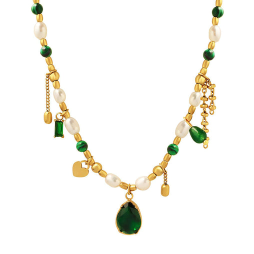 18K gold plated Stainless steel necklace Baroque pearl and green beads