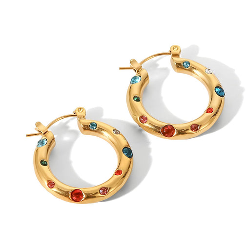 18K gold plated Stainless steel earrings jewel tone stones  flush set