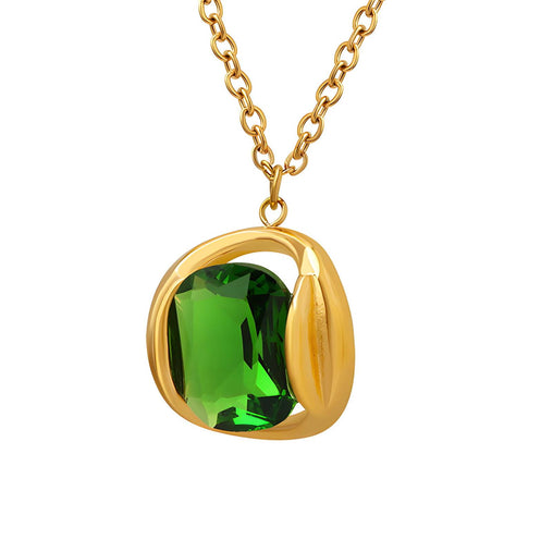 18K gold plated Stainless steel oval green CZ necklace