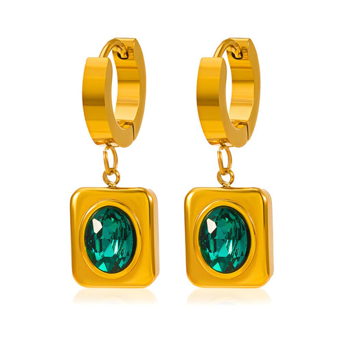 18K gold plated Stainless steel huggie earrings with an oval vibrant green CZ bezel set stone