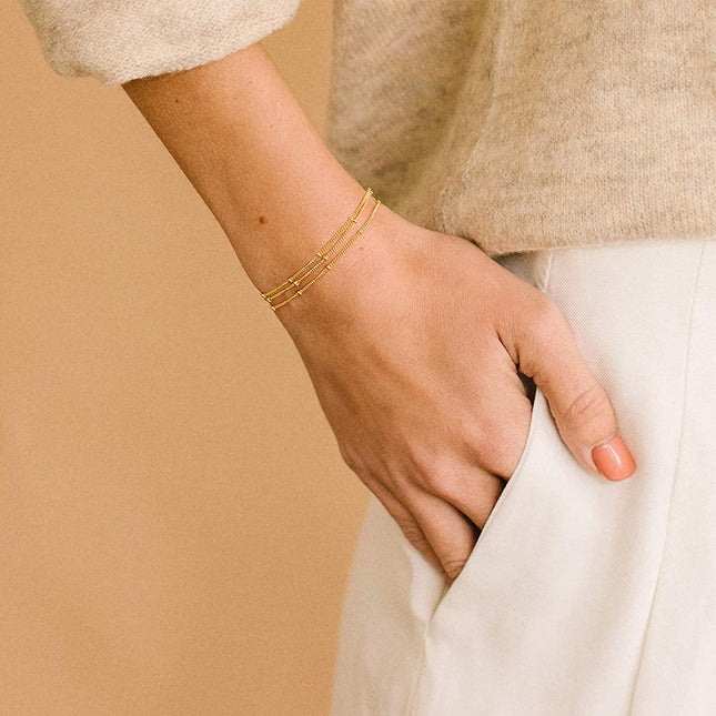 18K gold plated Stainless steel bracelet 3 row satellite chain with dangling CZ