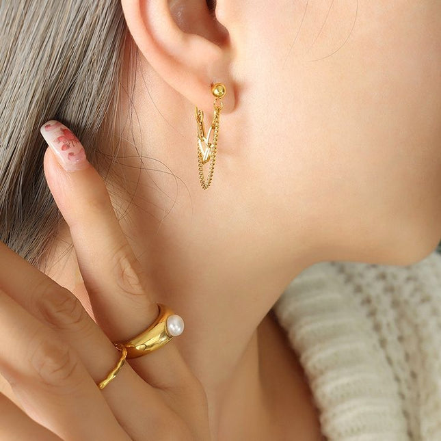 18K gold plated Stainless steel ball earrings with paper clip link and chain