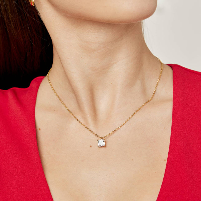 18K gold plated Stainless steel princess cut CZ necklace