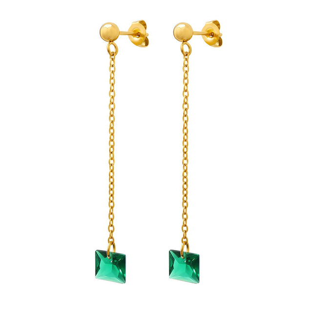 18K gold plated Stainless steel dangle earrings with square green CZ